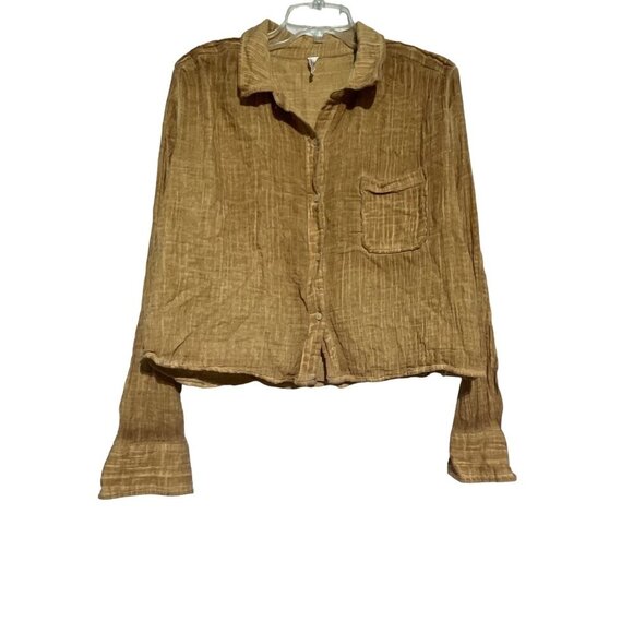 Daily Practice Women's Long Sleeve Button Down Cotton Crop Top Brown Size M - Picture 1 of 5